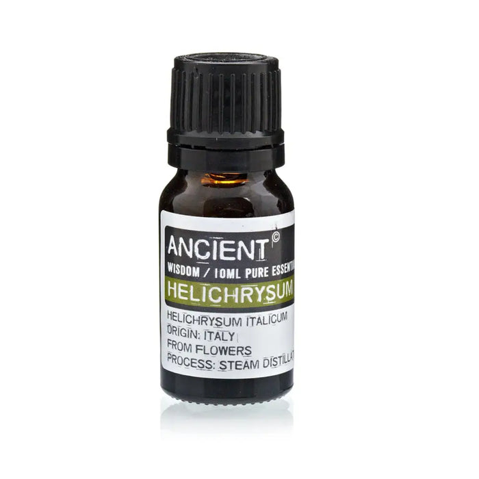 A small dark amber glass bottle with black cap labeled ancient wisdom 10ml pure essential helichrysum italicum for rejuvenating benefits