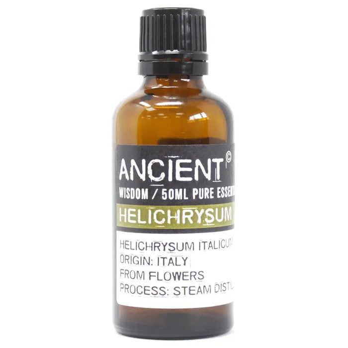 A 50ml amber glass bottle of helichrysum italicum essential oil with black cap showing rejuvenating benefits from Italy