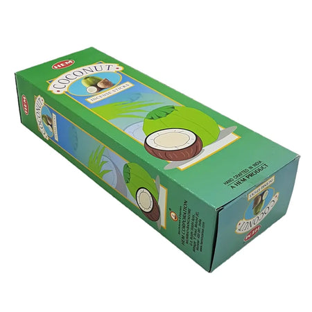 Green rectangular box of hem hexagonal pack coconut incense sticks with coconut and tropical foliage illustrations