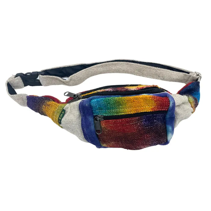 Hemp bum-bag with rainbow tie-dye pattern, black zipper pulls, and adjustable strap made from hemp material