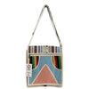 A colorful hemp laptop messenger bag with geometric blue red green yellow stripes and a coral triangle on herringbone background