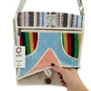 Colorful handwoven hemp laptop messenger bag with striped geometric patterns in blue red green yellow and beige natural fiber