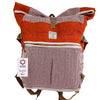 Hemp trekking rolling backpack in orange and pink herringbone with tan roll-top closure and brown straps