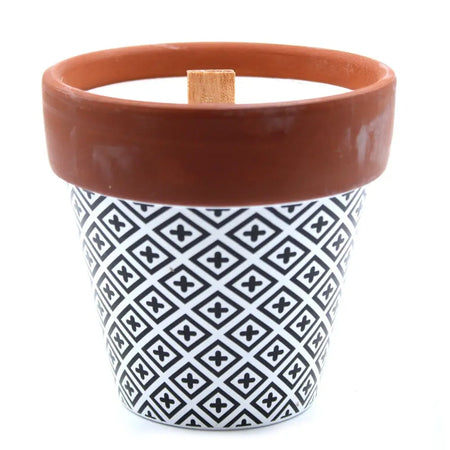 Herb garden lavender scented soy wax candle in terracotta pot with black and white geometric pattern and wooden wick