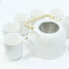 White ceramic teapot with woven bamboo handle and stainless steel infuser for herbal tea brewing