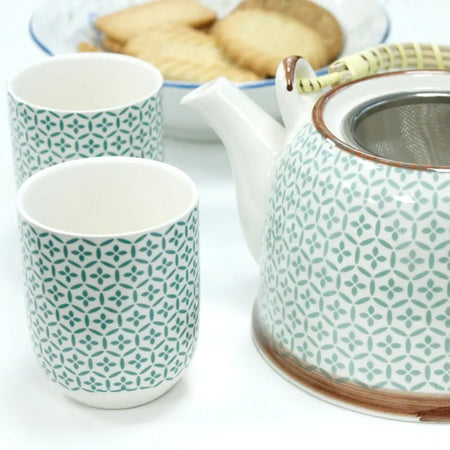 Herbal teapot set with white ceramic teapot and mugs featuring sage green geometric patterns and brown rim accents