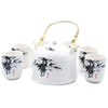 White ceramic teapot with black bamboo ink painting red calligraphy and woven handle in herbal teapot set