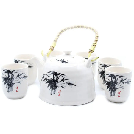 White ceramic teapot with black bamboo ink painting red calligraphy and woven handle in herbal teapot set