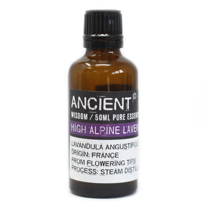 A 50ml amber glass bottle of high alpine lavender essential oil with a black cap and french origin label