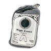 Gray drawstring bag with white label high cross pants by ancient wisdom for high cross yoga and festival pants gray