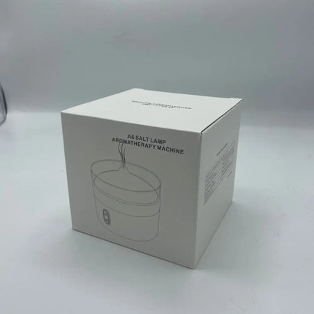 White cardboard box for a himalayan salt aroma diffuser with usb-c flame effect and salt included