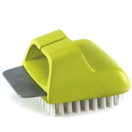 Lime green plastic block cleaning brush with white bristles and metal scraper for himalayan salt plate maintenance