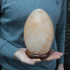 A peach-hued himalayan salt lamp egg weighing 3kg with smooth surface and polished wooden base showing hygroscopic properties