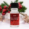 A clear glass bottle with black cap and red label of ancient wisdom holly berry and mistletoe fragrance oil 10ml with allergen declarations