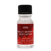 A clear glass bottle with black cap and red label of Ancient Wisdom holly berry and mistletoe fragrance oil 10ml with allergen declarations