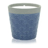 Blue ceramic candle pot with textured fan pattern gray rim filled with soy wax from home is home blue day collection