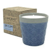 Blue day home is home candle pot made of blue ceramic with fan pattern gray rim and white soy wax inside