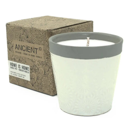 Home is home candle pot in matte white ceramic with gray rim and soy wax forever vanilla scent and single wick