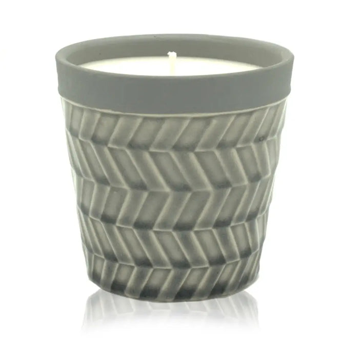 Gray ceramic candle holder with textured woven pattern and smooth rim for vintage garden soy wax candle pot