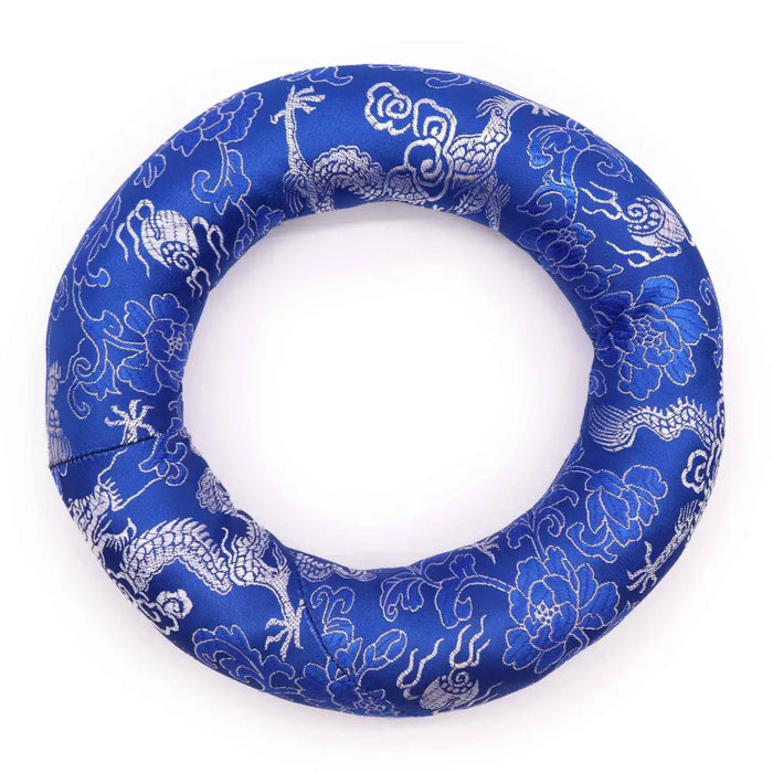 Blue satin hoop cushion 16cm with silver embroidered dragons and floral patterns for 18-20cm singing bowls