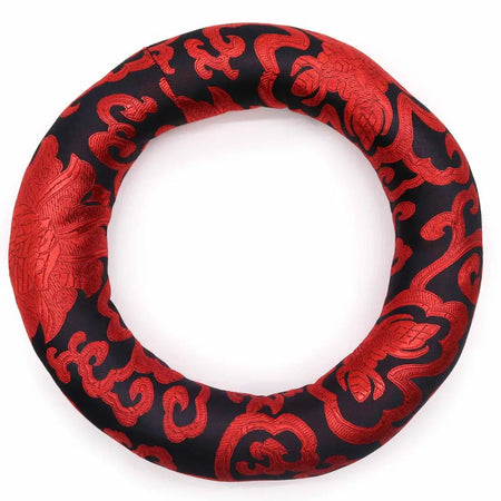 A circular plush hoop cushion 20cm with red and black embroidered floral pattern for 22-26cm singing bowl