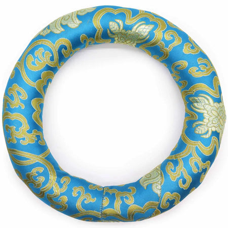 Hoop cushion 24cm with vibrant blue satin fabric and gold thread floral scrollwork for 26cm plus singing bowls