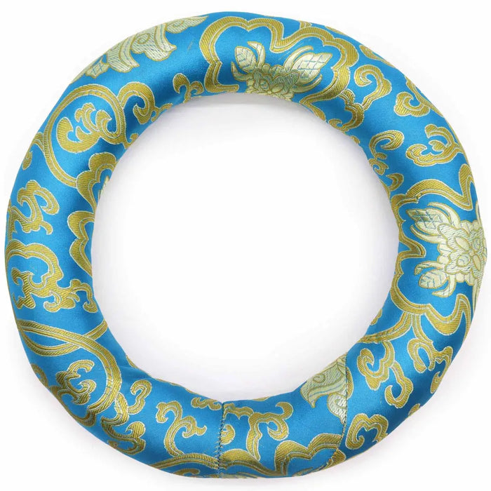 Hoop cushion 24cm with vibrant blue satin fabric and gold thread floral scrollwork for 26cm plus singing bowls