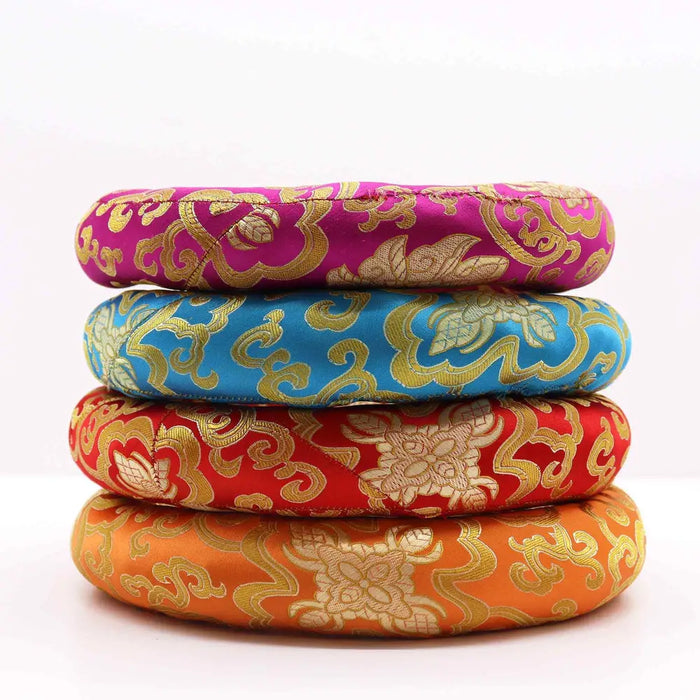Stacked hoop cushions 24cm in magenta blue red and orange silk with gold embroidery for 26cm plus singing bowls