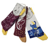 Three pairs of hop hare bamboo short socks with zodiac and celestial designs in maroon white and blue with yellow accents