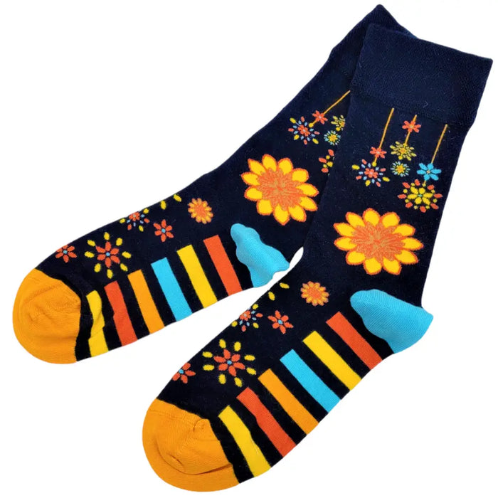 Dark blue hop hare bamboo socks with yellow orange flowers and colorful stripes with light blue toe caps