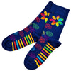 Navy blue hop hare bamboo socks with rainbow floral and chakra designs and multicolored striped toes in adult size