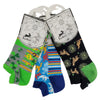 Three hoplare bamboo trainer socks in gray green shamrock, blue dinosaur, and black giraffe patterns with colorful accents