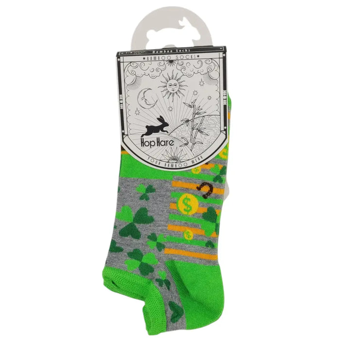 Green and gray patterned ankle socks with shamrocks dollar signs and horseshoe on bamboo fabric from hop hare
