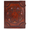 Brown leather tomb book with embossed floral design dragon mandala and chakra stones 13 by 10 inches