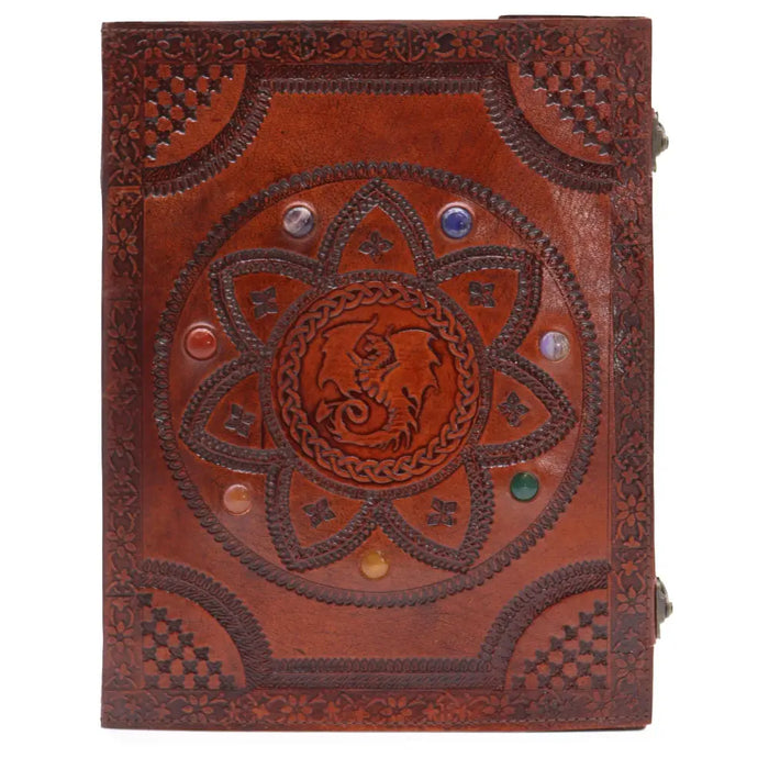 Brown leather tomb book with embossed floral design dragon mandala and chakra stones 13 by 10 inches
