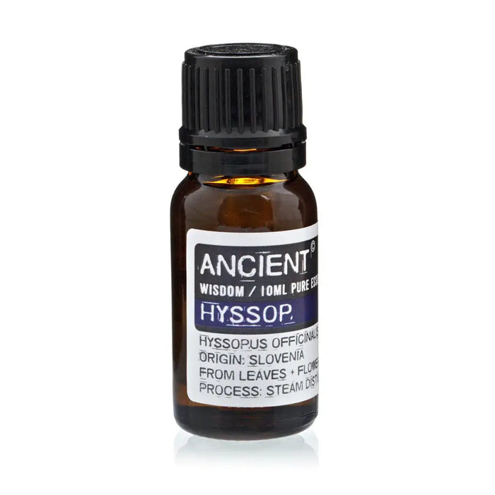 A small amber glass bottle with black cap labeled ancient wisdom hyssop essential oil 10ml made by steam distillation