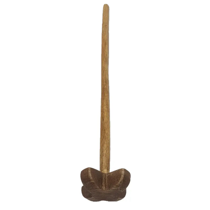 A mango wood wooden spoon from Ian Snow with a smooth light brown handle and dark brown flower-shaped bowl