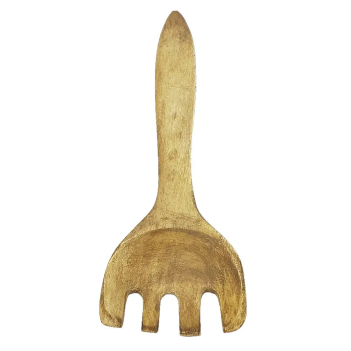Light brown mango wood salad server with smooth tapered handle and four tines from ian snow utensil jar collection