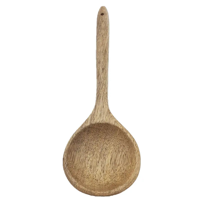 A light brown mango wood spoon with smooth rounded bowl and slender handle from ian snow artisan utensil jar
