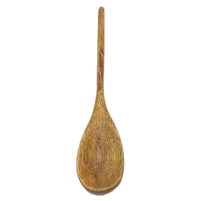 A smooth light brown mango wood spoon with natural grain and tapered handle from ian snow artisan utensil jar