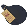 Black slate cutting board with rustic handle and branded tag from ian snow dark wood cheese board collection