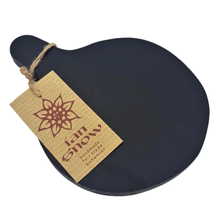 Black slate cutting board with rustic handle and branded tag from ian snow dark wood cheese board collection