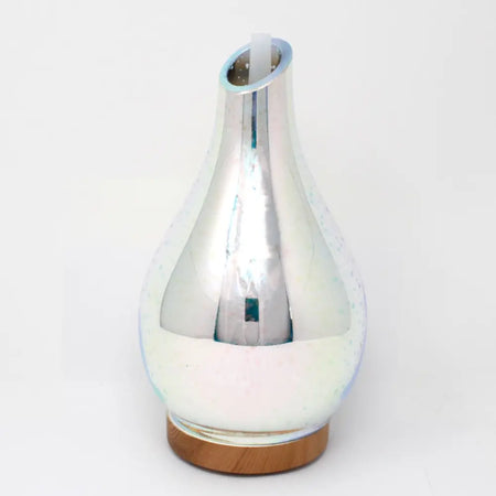 Ibiza atomiser sleek iridescent glass diffuser with metallic sheen and wooden base USB color change feature