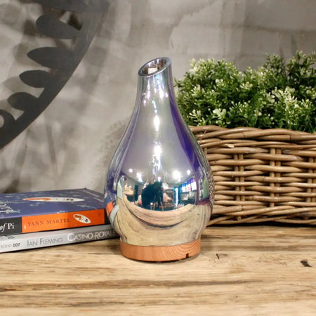 Shiny metallic teardrop ibiza atomiser with a wooden base usb colour change diffuser
