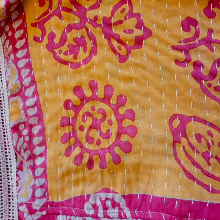 GRINGO FAIRTRADE Kantha Wide Sleeve Mid-Length Kimono - Yellow/Red