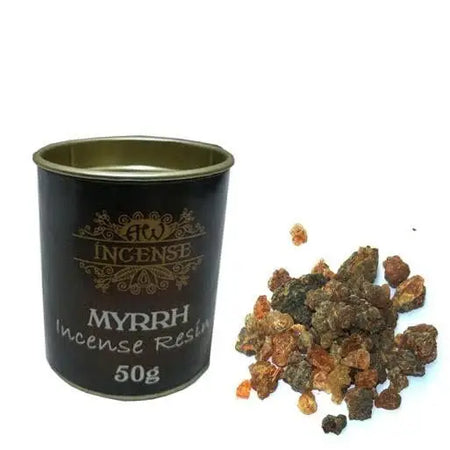 Black cylindrical tin of aw incense resin myrrh 50g with amber resin chunks for use with charcoal tablets or excelsior charcoal tablets