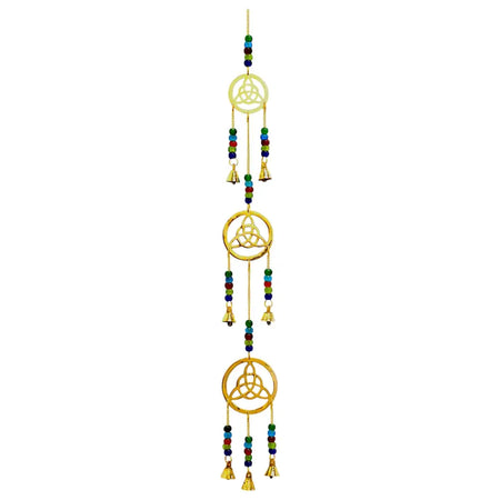 Gold-colored brass dream catcher with three interlocking triquetra symbols and seven colorful beads and bells