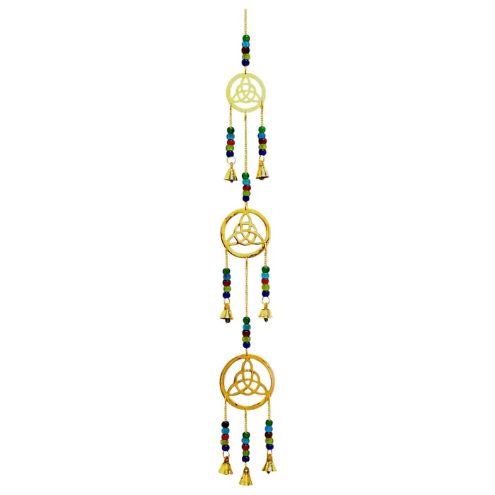 Gold-colored brass dream catcher with three interlocking triquetra symbols and seven colorful beads and bells