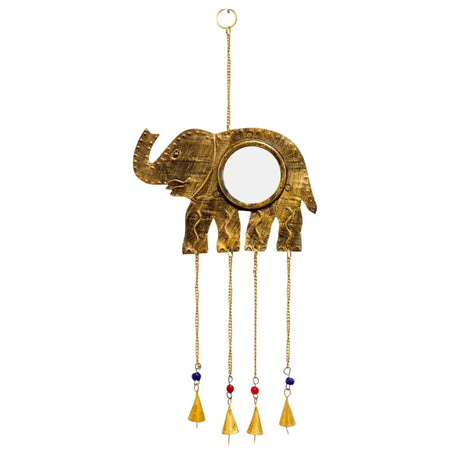 Golden brass elephant wind chime with a circular mirror and four dangling triangular bells with colorful beads