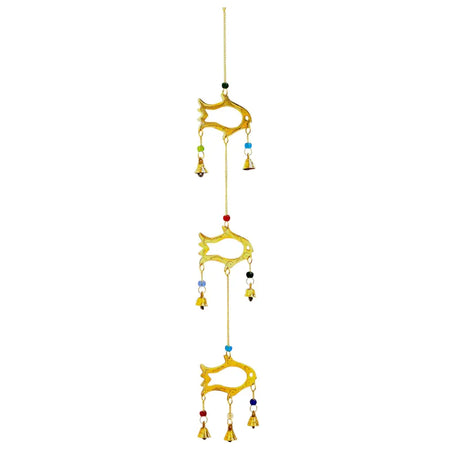 Golden brass fish-shaped wind chime with 7 bells and colorful beads hanging outdoors
